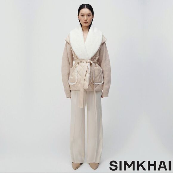 SIMKHAI **NWT** Astra Tie Waist Puffer Jacket Beige/Blush - Picture 4 of 14